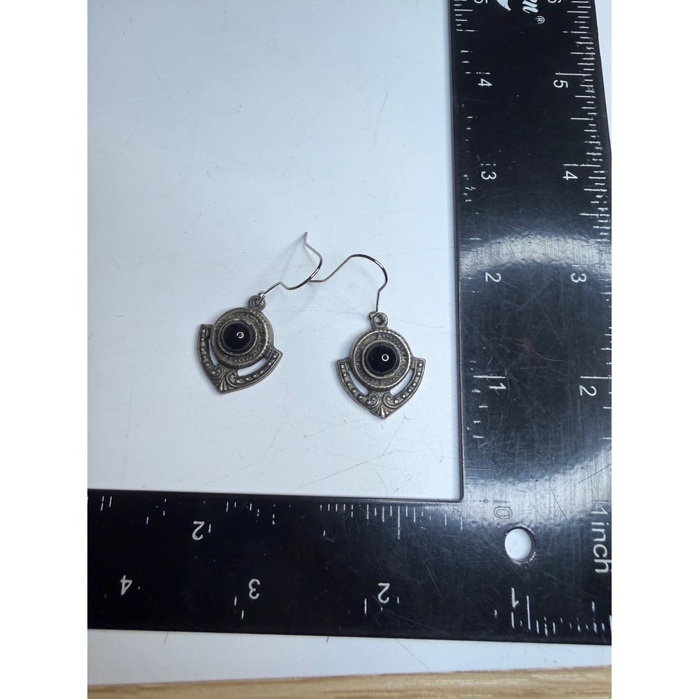 Silver Tone Black Cabochon Shield Drop Earrings Bohemian Antiqued Finish
